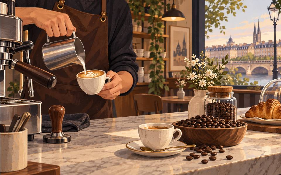 Illustration éditoriale d’un comptoir de café de spécialité.