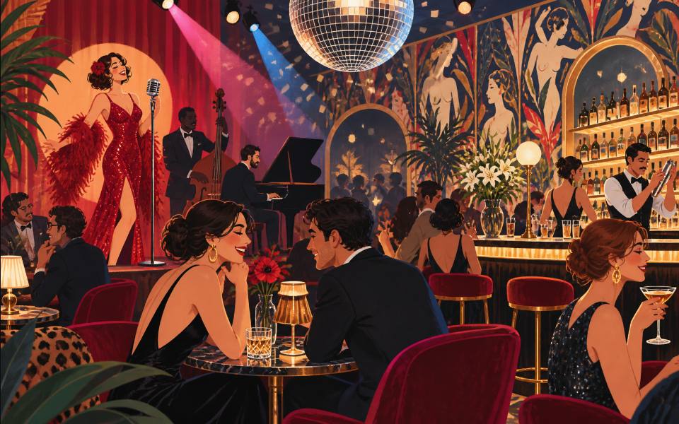 Illustration éditoriale d’une soirée festive avec lumières colorées.