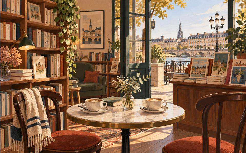 Illustration éditoriale d’un café avec livres et boissons chaudes.