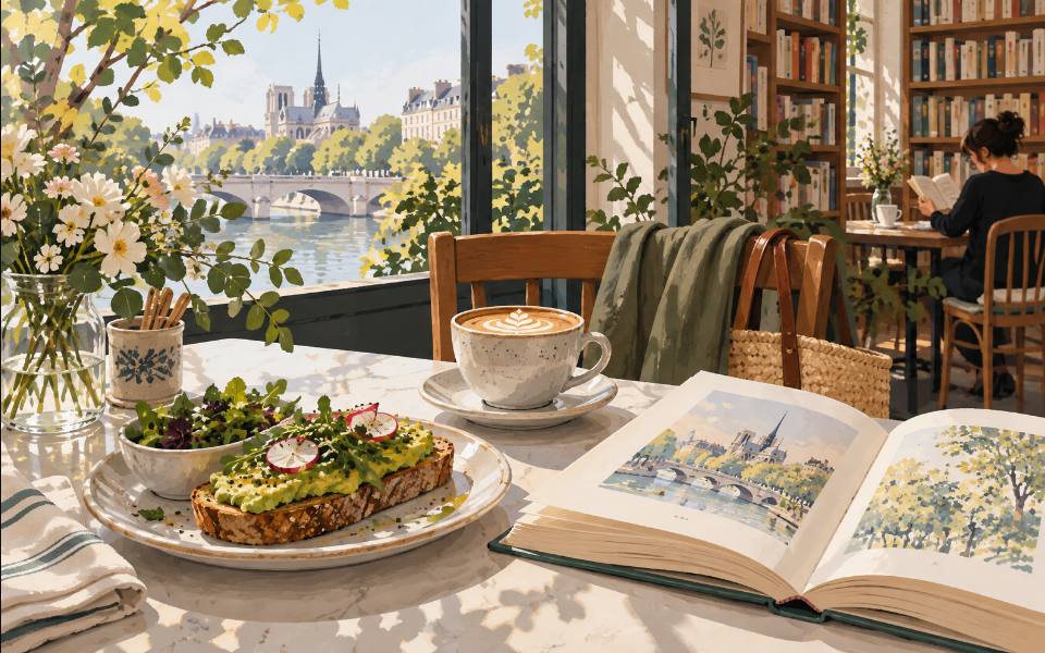 Illustration éditoriale d’un brunch avec livre et café.