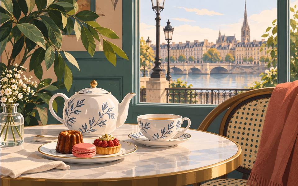 Illustration éditoriale d’une pause thé et pâtisserie.