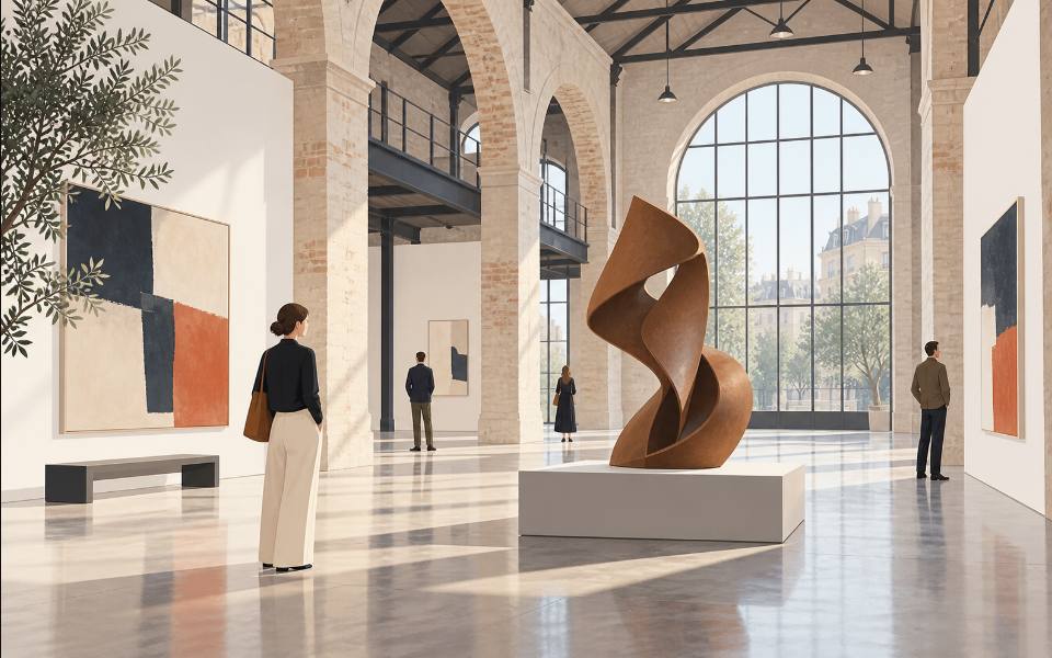 Illustration éditoriale d’une galerie d’art contemporain.
