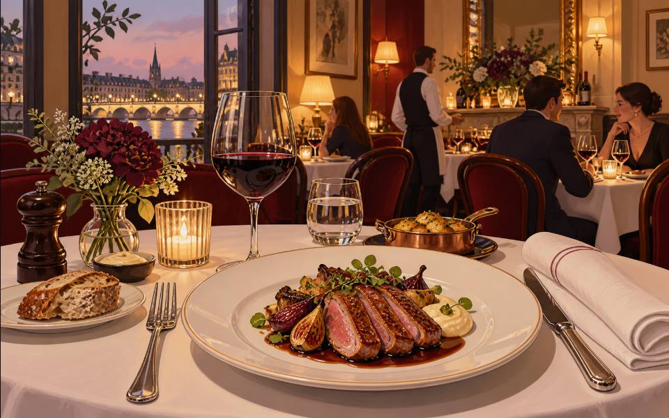 Illustration éditoriale d’un dîner de bistrot.