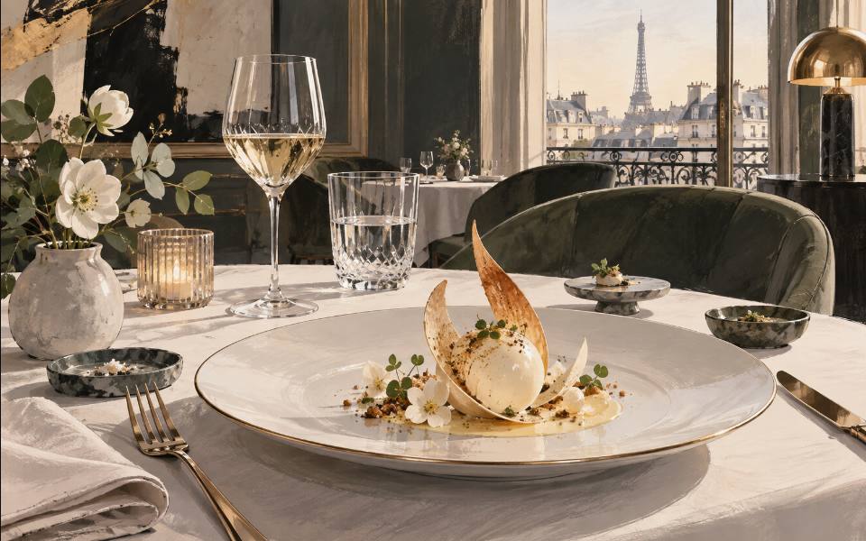 Illustration éditoriale d’un dîner gastronomique.