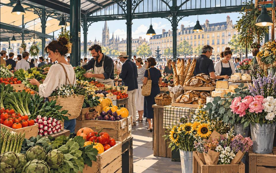Illustration éditoriale d’un marché couvert de produits frais.