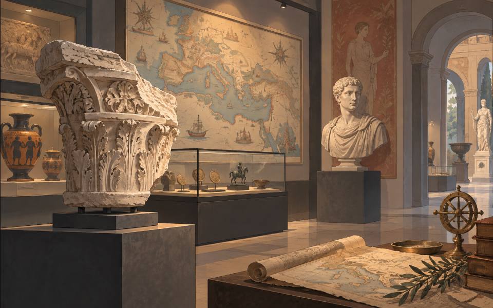 Illustration éditoriale d’un musée d’histoire et d’archéologie.