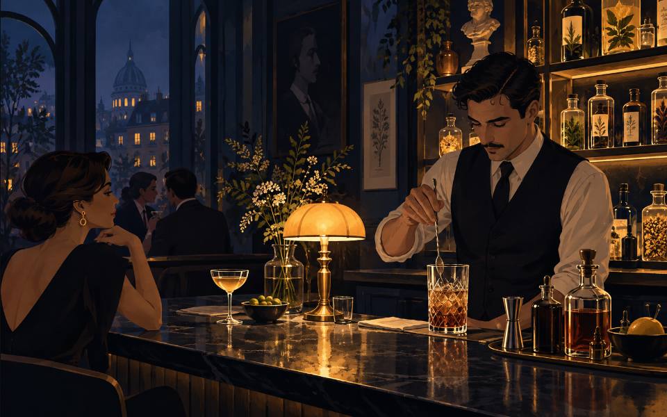 Illustration éditoriale d’un bar à vins et cocktails.