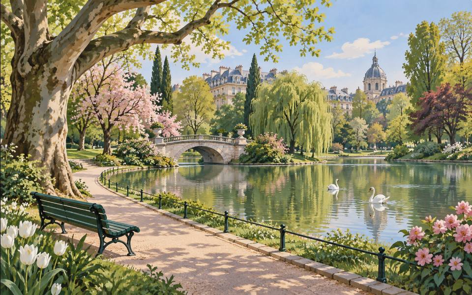 Illustration éditoriale d’un grand parc arboré avec pièce d’eau.