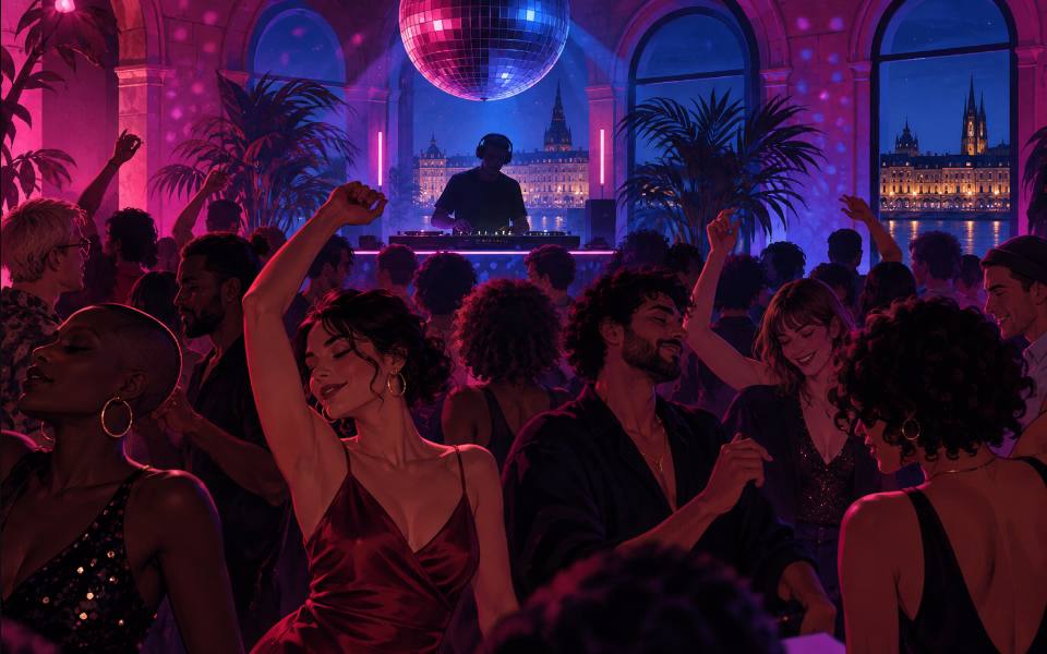 Illustration éditoriale d’une soirée musicale dansante.