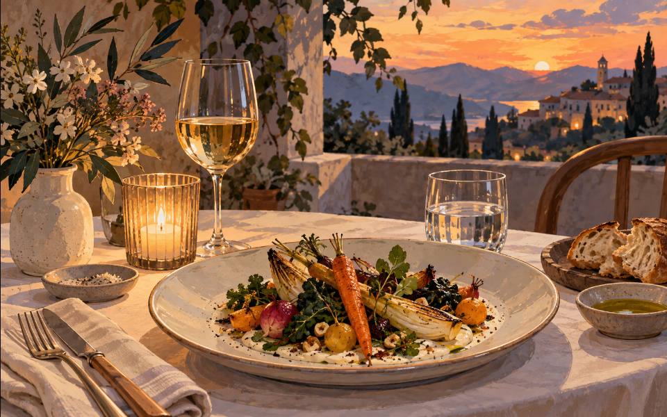 Illustration éditoriale d’un déjeuner de restaurant de saison.