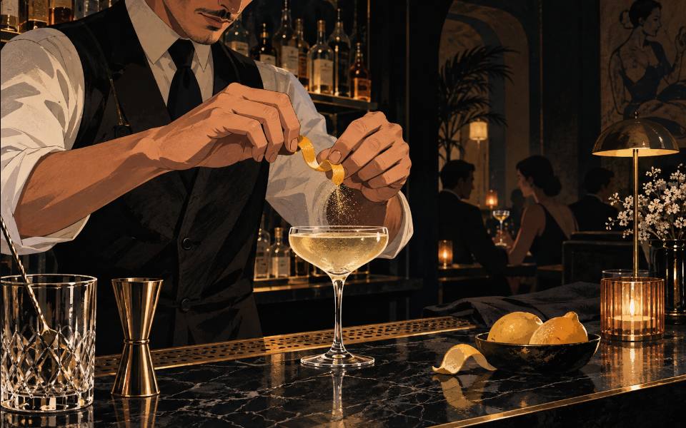 Illustration éditoriale d’un bar à cocktails intimiste.