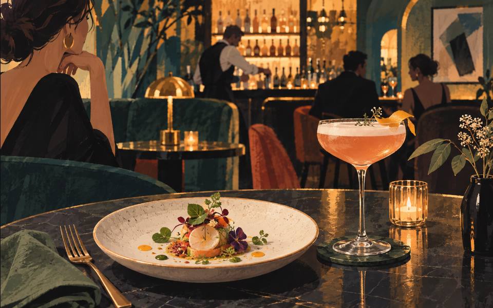 Illustration éditoriale d’un dîner créatif avec cocktail.